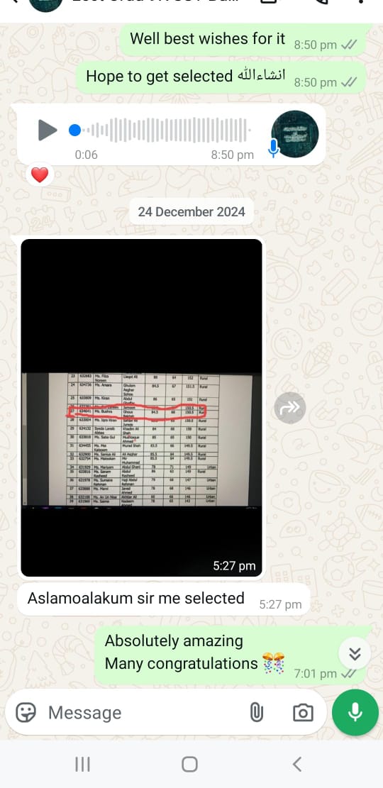 Message or result shared by a successful candidate of Prof. Rasheed Mirani Academy (1 of 22)