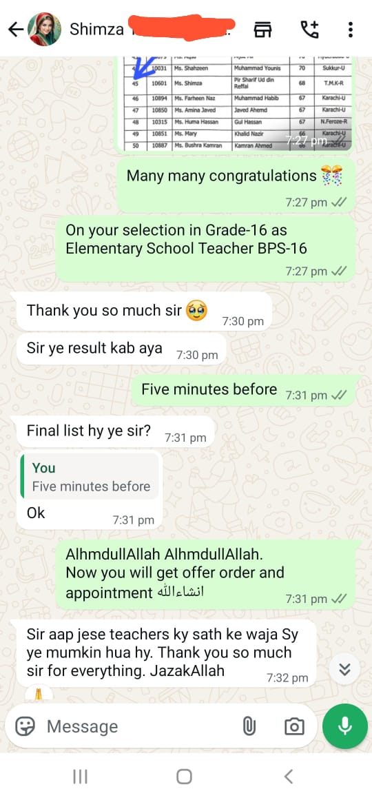Message or result shared by a successful candidate of Prof. Rasheed Mirani Academy (10 of 22)